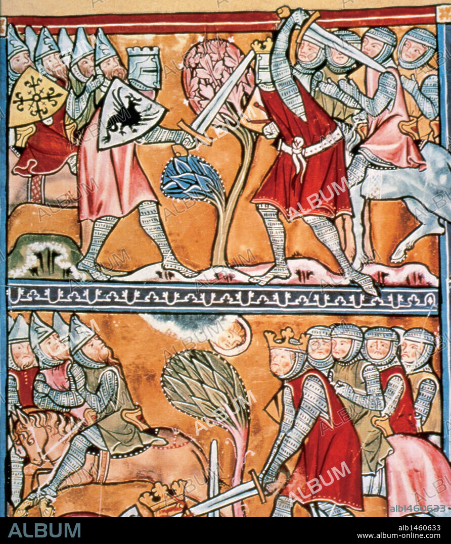 Charlemagne (742-814). King of the Franks (768-814,) the Lombards (774-814) and emperor of the Romans (800-814). Miniature. Charlemagne and paladins fighting against priests. 13th century.