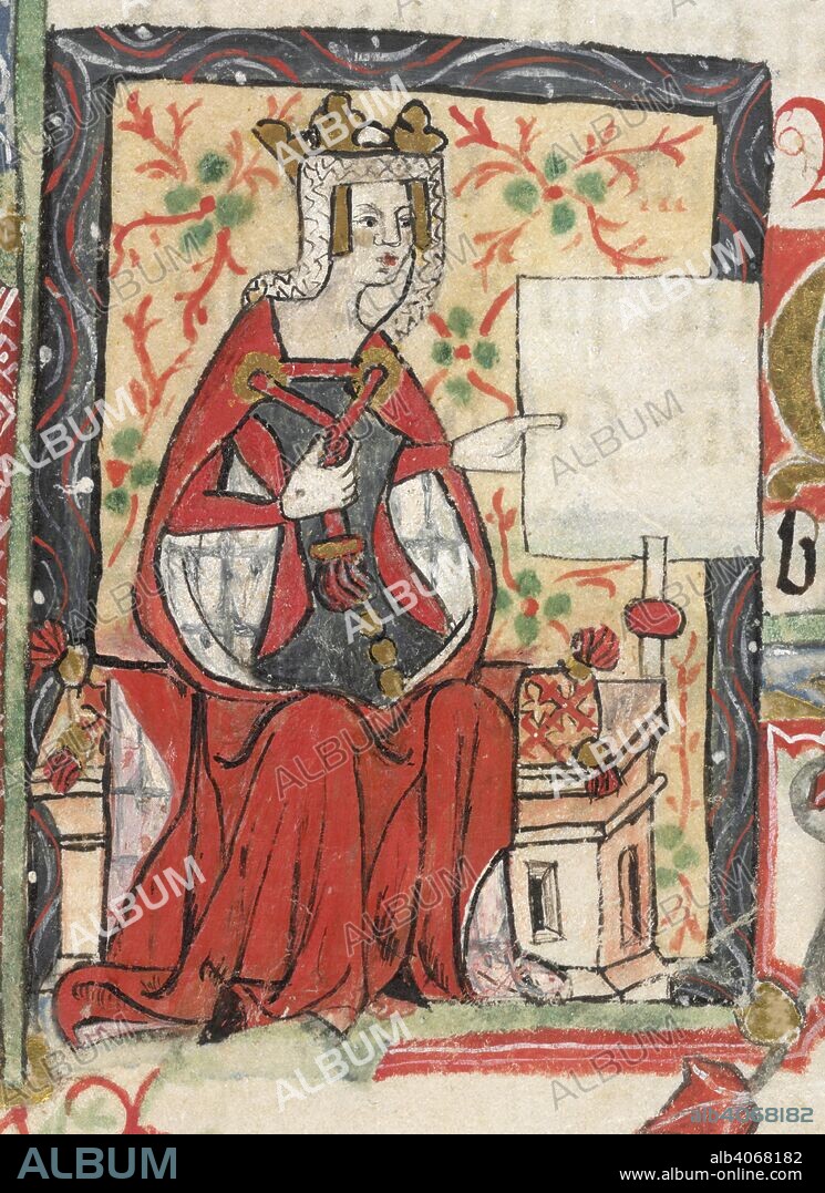 ALAN STRAYLER, THOMAS WALSINGHAM and WILLIAM DE WYLUM. Queen Matilda. Golden Book of St Albans. England [St Albans]; 1380. [Lower miniature] Queen Matilda, daughter of King Henry I, seated and holding a charter. Matilda was a benefactor of St Albans Abbey  Image taken from Golden Book of St Albans.  Originally published/produced in England [St Albans]; 1380. . Source: Cotton Nero D. VII, f.7. Language: Latin.