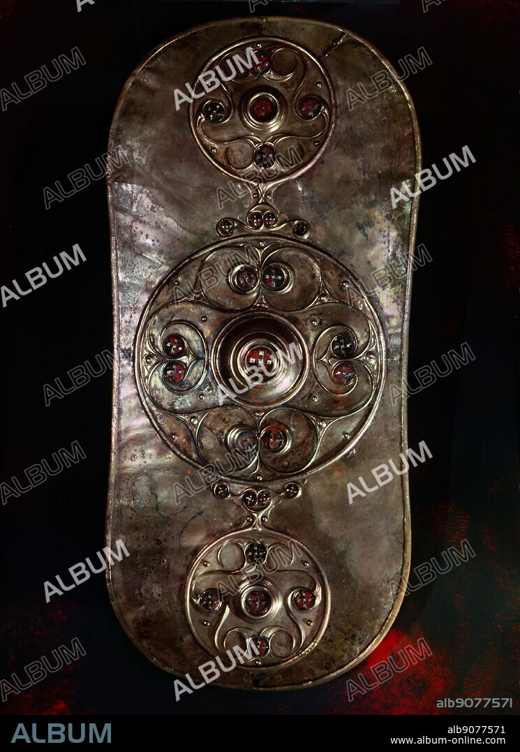 The Battersea Shield, is a significant pieces of ancient Celtic art found in Britain. It is a sheet bronze covering of a (now vanished) wooden shield, decorated in La Tene style. dated to c.350-50 BC, though later dates up to the early 1st century AD have previously been suggested. Found in the River Thames in London in 1857, during excavations for the predecessor of Chelsea Bridge; it is now thought that the shield was a votive offering, which probably predates the Roman invasion.