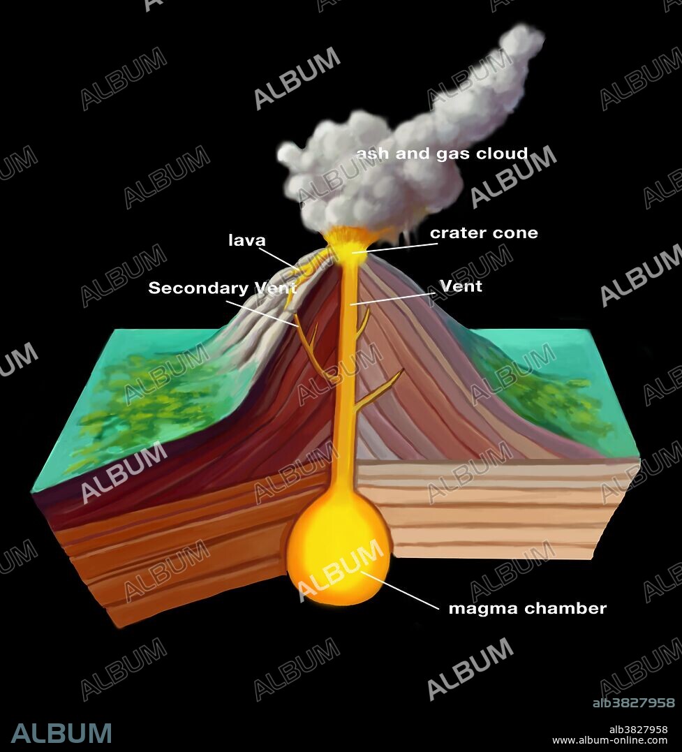 Illustration of the volcanic structure. A volcano is an opening in a planet's crust which allows hot magma, volcanic ash, and gases to escape from the magma chamber below the surface. At the top of the volcano materials like ash, lava, and other pyroclastics are released. Layers of lava alternate with layers of ash to build a steep sided cone on top of the earth's crust.