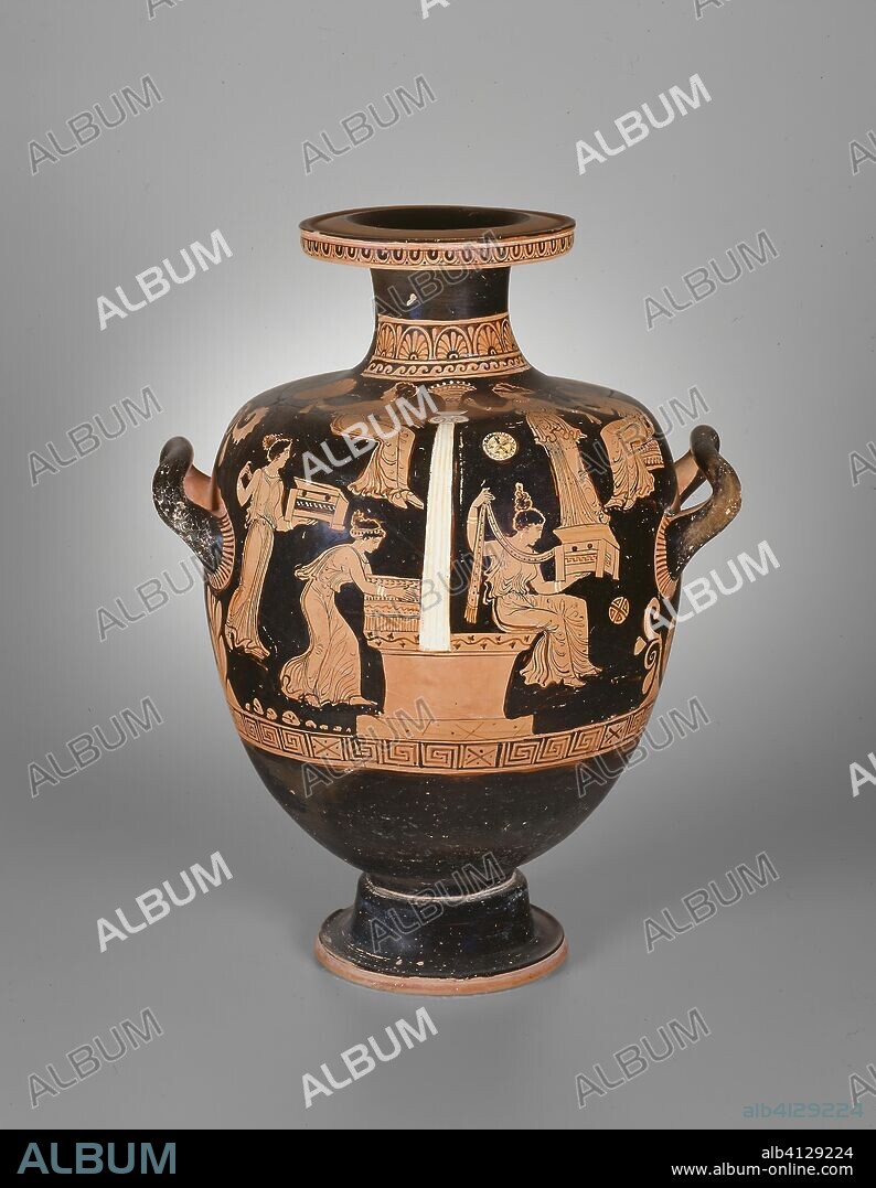 ANCIENT GREEK. Hydria (Water Jar). Greek; Apulia, Italy; Attributed to the Iliupersis Painter. Date: 360 BC-350 BC. Dimensions: 53 × 41.2 × 34.2 cm (20 7/8 × 16 1/4 × 13 1/2 in.). Terra-cotta, decorated in the red-figure technique. Origin: Puglia.