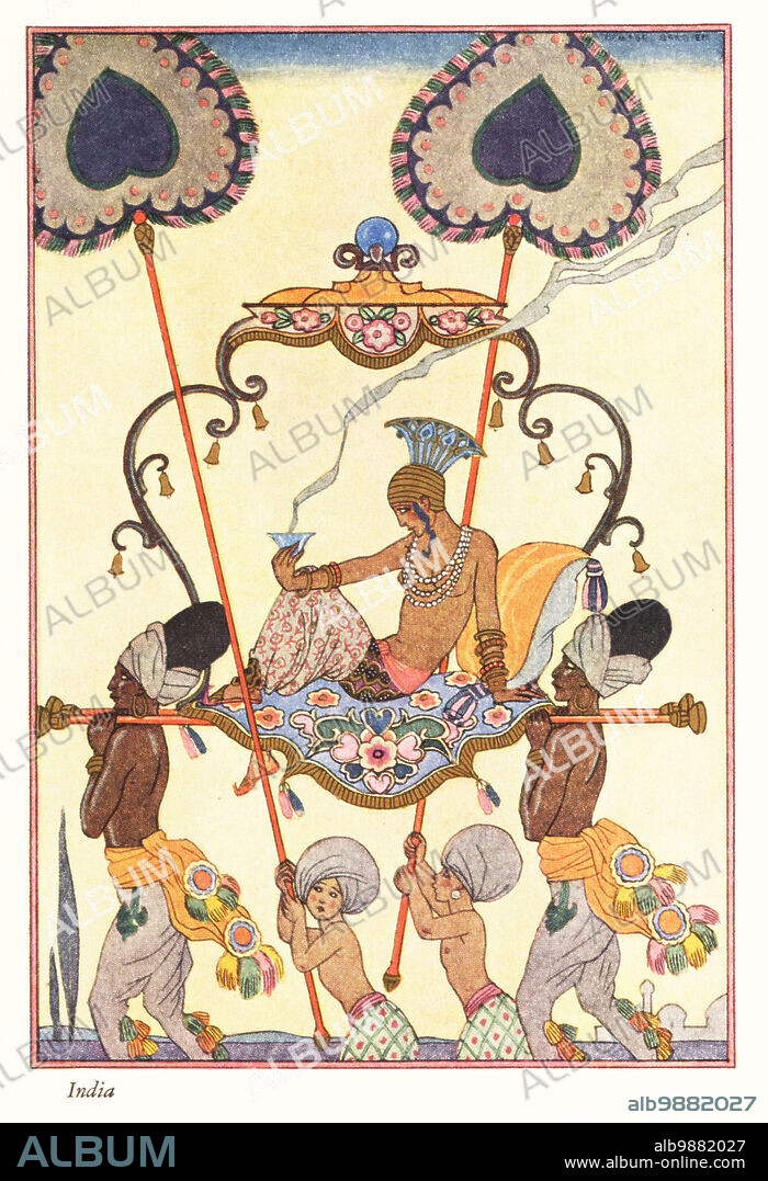 A noble woman burns incense while being carried on a palanquin, ancient India. Two punkhawallahs in turbans wave large fans to keep her cool. Smithsonian-process colour print after Art Deco master George Barbier from Richard le Galliennes Romance of Perfume, Hudnut, New York, 1928.