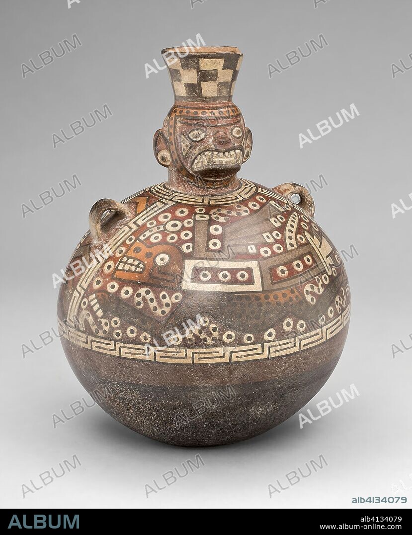 Bottle with a Masked Figure and Abstract Feline and Textile Motifs. Tiwanaku-Wari; Possibly Santa Valley, north coast, Peru. Date: 700 AD-900 AD. Dimensions: 20.8 × 15.9 cm (8 3/16 × 6 1/4 in.). Ceramic and pigment. Origin: Santa Valley.