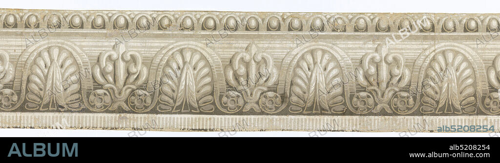 Border, Block-printed on handmade paper, Between a top edging of small-scale egg and dart molding and a bottom edging of dentilling, two classical foliate groupings alternate, punctuated by rosettes. Printed in grisaille., H# 651 ?, France, 17901815, Wallcoverings, Border.