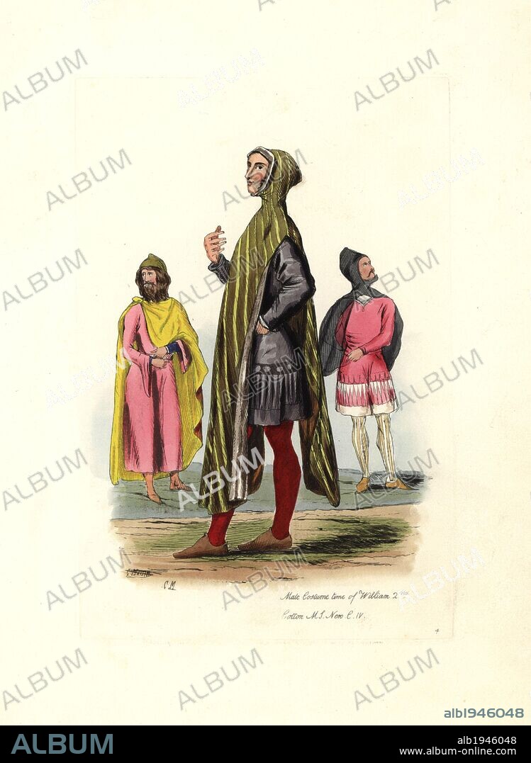 Men in hooded cloaks, tunics and stockings. Male costume of the time of William 2nd. Cotton MS, Nero C.IV. Handcolored engraving from "Civil Costume of England from the Conquest to the Present Period" drawn by Charles Martin and etched by Leopold Martin, London, Henry Bohn, 1842. The costumes were drawn from tapestries, monumental effigies, illuminated manuscripts and portraits. Charles and Leopold Martin were the sons of the romantic artist and mezzotint engraver John Martin (1789-1854).