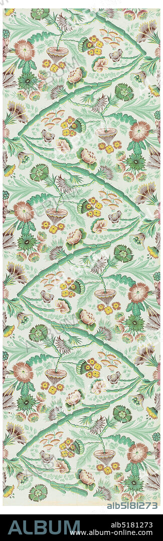 Sidewall, Block printed on handmade paper, Roll of paper printed in a repeating design of flowers and foliage in the style of Pillement. Roll formed of joined sheets., England, 177080, Wallcoverings, Sidewall.