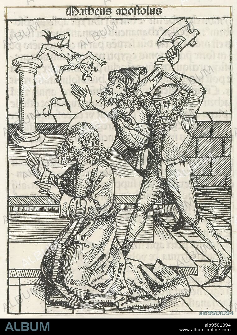 Martyrdom of Matthew, Matheus apostolus (title on object), Liber Chronicarum (series title), Apostle Matthew is beaten to death with an axe. A devil falls from his pedestal at the back left. The print is part of an album., print maker: Michel Wolgemut, (workshop of), print maker: Wilhelm Pleydenwurff, (workshop of), Neurenberg, 1493, paper, letterpress printing, height 147 mm × width 108 mm.