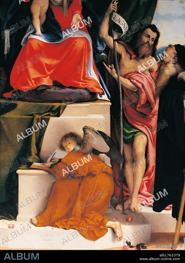 Altarpiece of San Bernardino, by Lorenzo Lotto, 1521, 16th Century, oil on canvas, cm 287 x 268. Italy, Lombardy, Bergamo, San Bernardino in Pignolo Church. Detail. The Angel at the foot of the throne writing and turning toward the viewer, and Sts John the Baptist and Anthony the Abbot red orange.