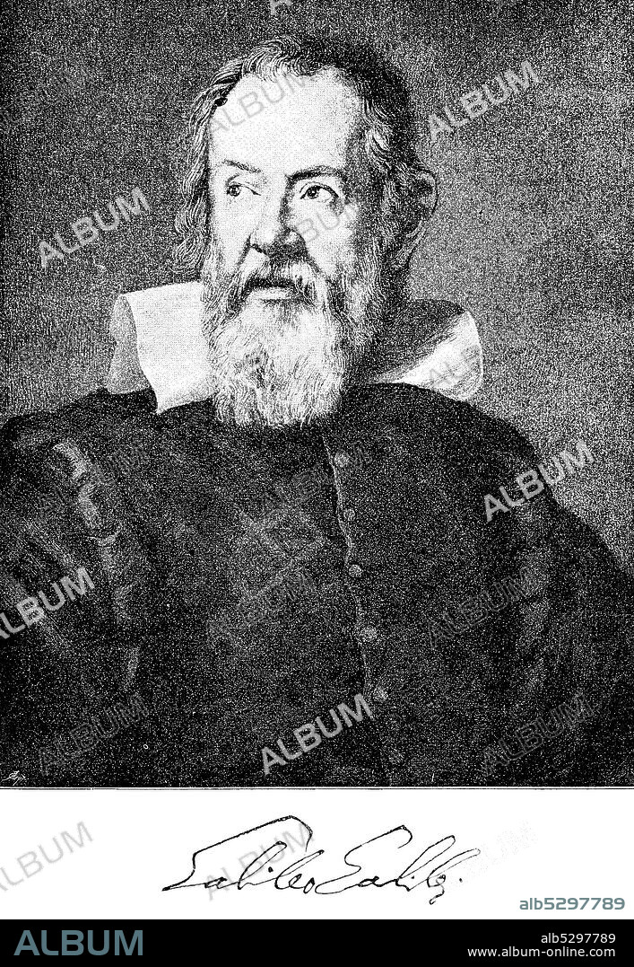 Galileo Galilei, February 15, 1564 - January 8, 1642, an Italian polymath, philosopher, mathematician, engineer, physicist, astronomer and cosmologist  /  Galileo Galilei, 15. Februar 1564 - 8. Januar 1642, ein italienischer Universalgelehrter, Philosoph, Mathematiker, Ingenieur, Physiker, Astronom und Kosmologe, Historisch, historical, digital improved reproduction of an original from the 19th century / digitale Reproduktion einer Originalvorlage aus dem 19. Jahrhundert,.