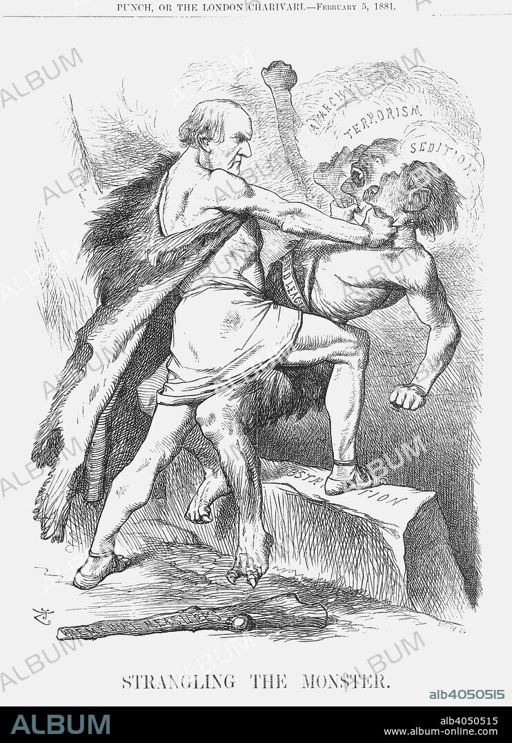 'Strangling the Monster', 1881. The Liberal Prime Minister, Mr Gladstone, is seen strangling the three headed monster of the Irish Land League. This follows the introduction of the Protection of Person and Property Bill by the Liberal Chief Secretary for Ireland, William Forster. It proposed the arrest and custody of anyone suspected of complicity in agrarian outrages. There had certainly been much violence and unrest in Ireland, and Mr Forster gave graphic details in the House of incidents that had taken place. Gladstone was firmly in support of this move. Erroneously, though, it was believed by many in authority in England that the agitation in Ireland was caused only by a very few men of violence and that, if they could be stopped, then peace and order would naturally resume. From Punch, or the London Charivari, February 5, 1881.