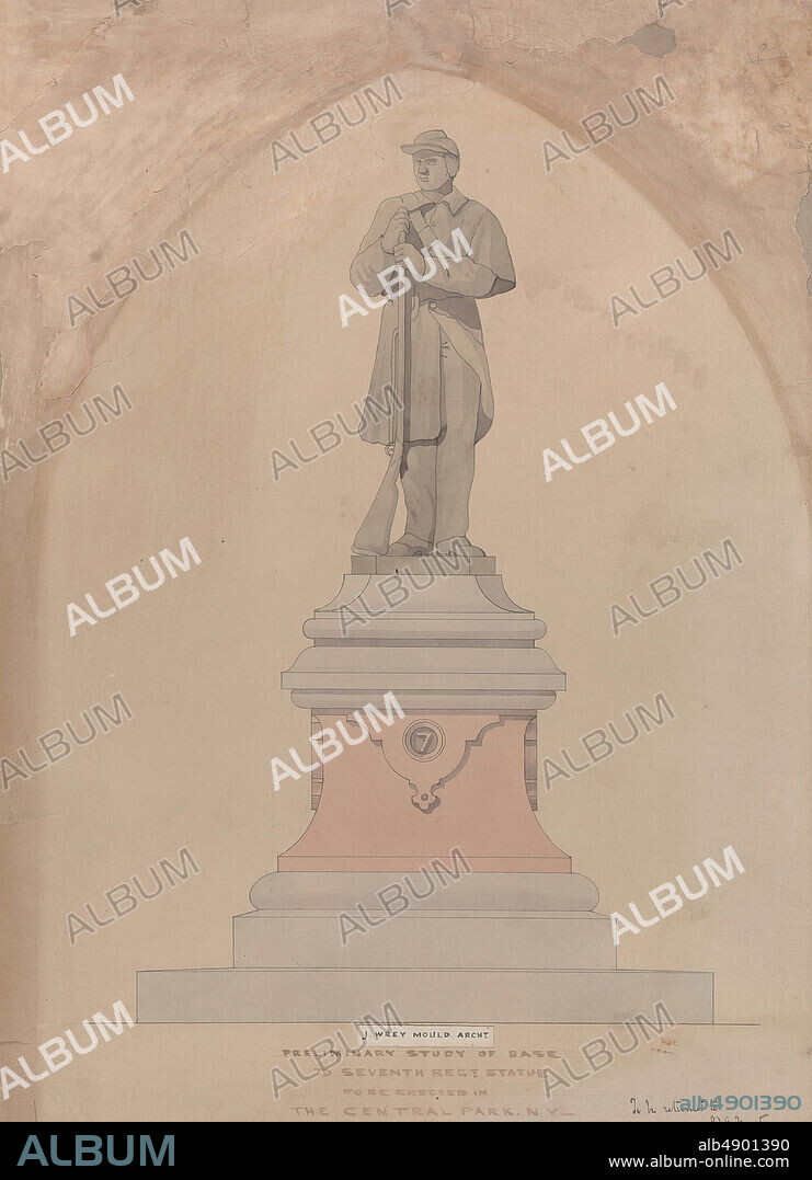 Jacob Wrey Mould, Pedestal Design for the Seventh Regiment Memorial in Central Park, Jacob Wrey Mould (American (born England), Chislehurst, Kent 18251886 New York), Relates to a statue by John Quincy Adams Ward (American, Urbana, Ohio 18301910 New York), ca. 1868, Pen and ink, and watercolor, Sheet: 19 5/16 × 13 3/4 in. (49 × 34.9 cm), Mount: 20 13/16 × 15 3/4 in. (52.8 × 40 cm), Drawings.
