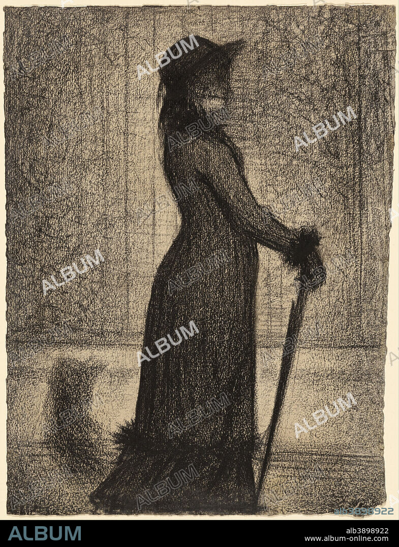 GEORGES SEURAT. Woman Strolling (Une élégante). Date/Period: Ca. 1884. Drawing. Conté crayon on Michallet paper. Height: 318 mm (12.51 in); Width: 240 mm (9.44 in).