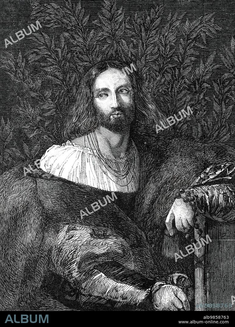 The Beaucousin Collection at the National Gallery - "Ariosto" by Titian, 1860. Engraving of a painting later attributed to Palma Vecchio and titled Portrait of a Poet, c1516. 'The most recent accession to our National Gallery, at least of those which have been exposed to public scrutiny, is the collection of thirty-one pictures purchased last year from M. Edmond Beaucousin, at Paris, for some £5000 or £6000, we do not recollect the exact amount. The portrait of "Ariosto" by Titian represents the poet-friend of the great painter, in a front view, in a thoughtful mood. He wears a low crimson dress, showing his neck and shirt, with a gold chain on his neck, and fur hanging over his shoulders. He holds a rosary in his hand, which rests on a book. The background is filled with a trophy of laurels. This the editor of the catalogue states is "apparently the portrait described by Ridolfi as then in the possession of Niccolo Renieri." It was transferred to canvas by Paul Kiewert at Paris in 1857'. From "Illustrated London News", 1860.