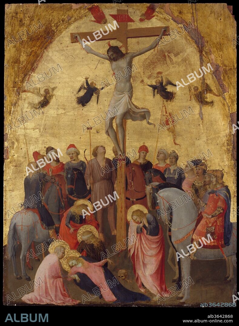 The Crucifixion. Artist: Fra Angelico (Guido di Pietro) (Italian, Vicchio di Mugello ca. 1395-1455 Rome). Dimensions: 25 1/8 x 19 in. (63.8 x 48.3 cm). Date: ca. 1420-23.
This early work by Fra Angelico accentuates the drama of the Crucifixion by showing the Virgin collapsed in grief with the lamenting Maries and emphasizing the varied attitudes of the Roman soldiers and their horses. There is an exquisite delicacy about this work that Fra Angelico will develop in his mature paintings. The innovative circular composition was inspired by the bronze doors created by Lorenzo Ghiberti for the Baptistry of Florence.
