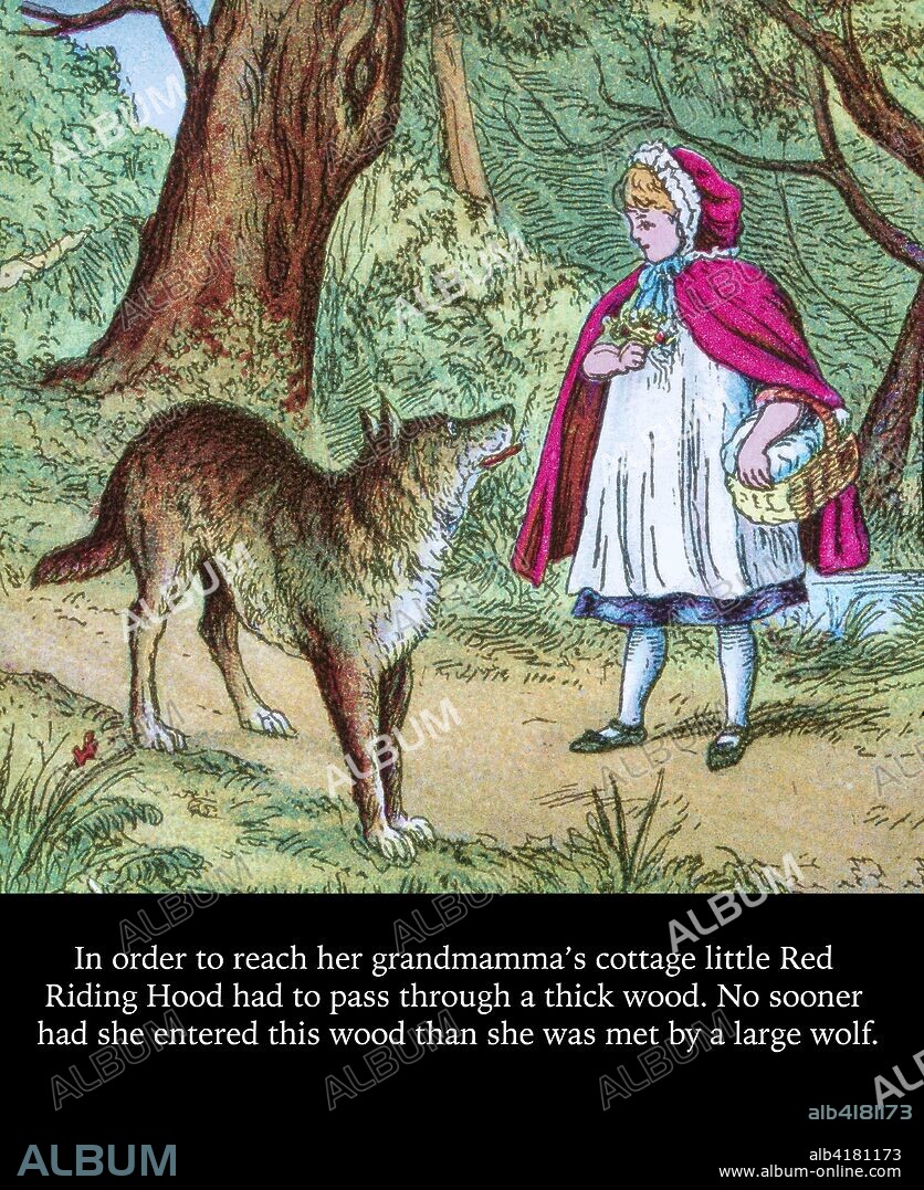 Coloured page of an illustration and storyline in a child's storybook, Little Red Riding Hood, where the Big Bad Wolf meets Little Red Riding Hood on the path.