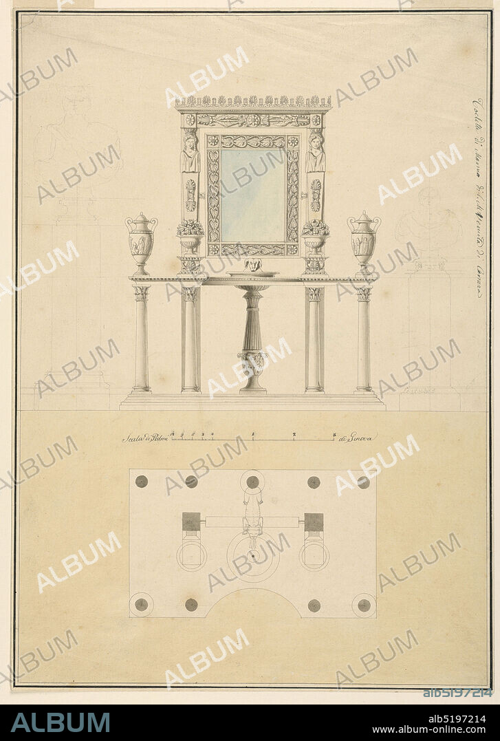Elevation and Plan of Wash Basin and Mirror in Carrara Marble, Pen and black ink, brush and yellow, gray and blue wash, graphite on wove paper, Elevation and plan of a washstand with mirror. On either side are two pedestals each with a ceramic vase and an amphora sitting on top., Carrara, Italy, early 19th century, furniture, Drawing, Drawing.