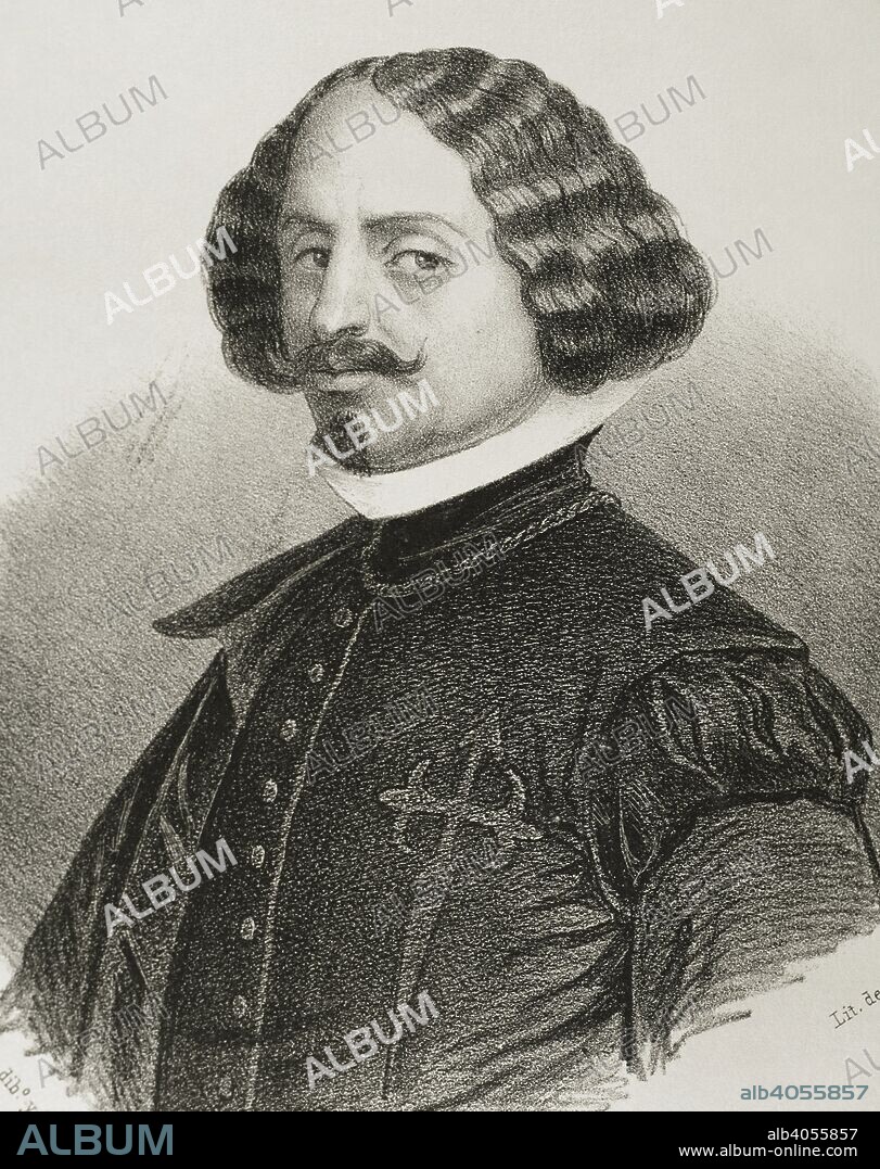 Diego Rodríguez de Silva y Velázquez (1599-1660). Pintor barroco español. Dibujo por Letre. Litografía. Retrato, detalle. Crónica General de España, Historia Ilustrada y Descriptiva de sus Provincias. Andalucía, 1867. Biblioteca Histórico Militar de Barcelona, Cataluña, España.