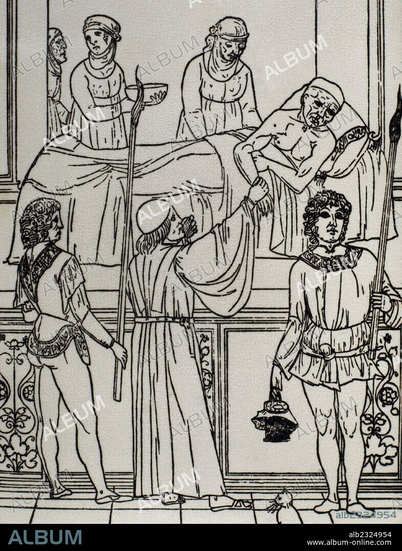 HISTORIA DE LA MEDICINA. EPOCA MODERNA. "MEDICO AUSCULTANDO A UN APESTADO". KETHAM". Libro de Venecia, 1493-94.