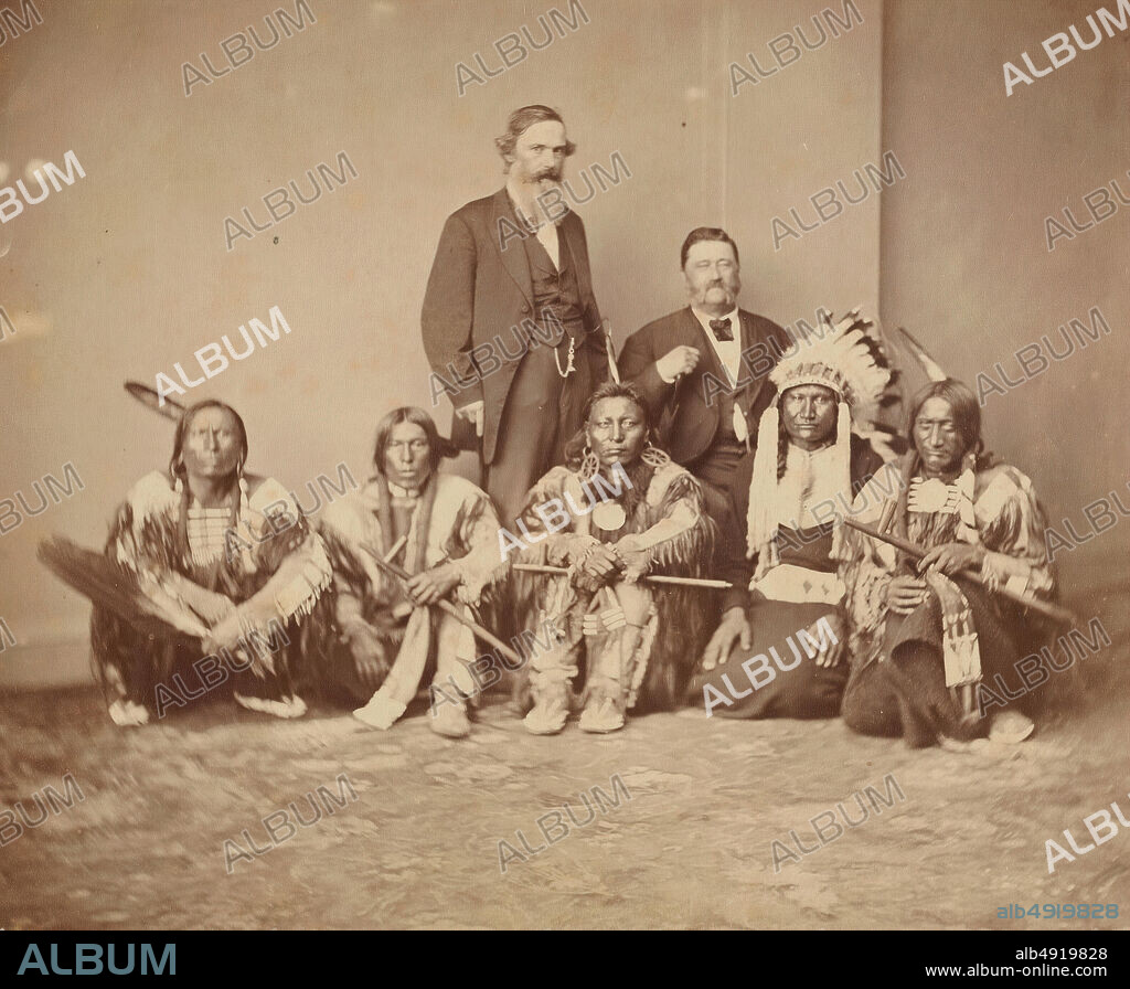 Mathew B. Brady, General J. E. Smith and Indians, Mathew B. Brady (American, born Ireland, 1823?1896 New York), 1870s, Albumen silver print from glass negative, Image: 6 15/16 × 7 15/16 in. (17.6 × 20.1 cm), Mount: 10 13/16 × 13 7/8 in. (27.5 × 35.2 cm), Photographs.