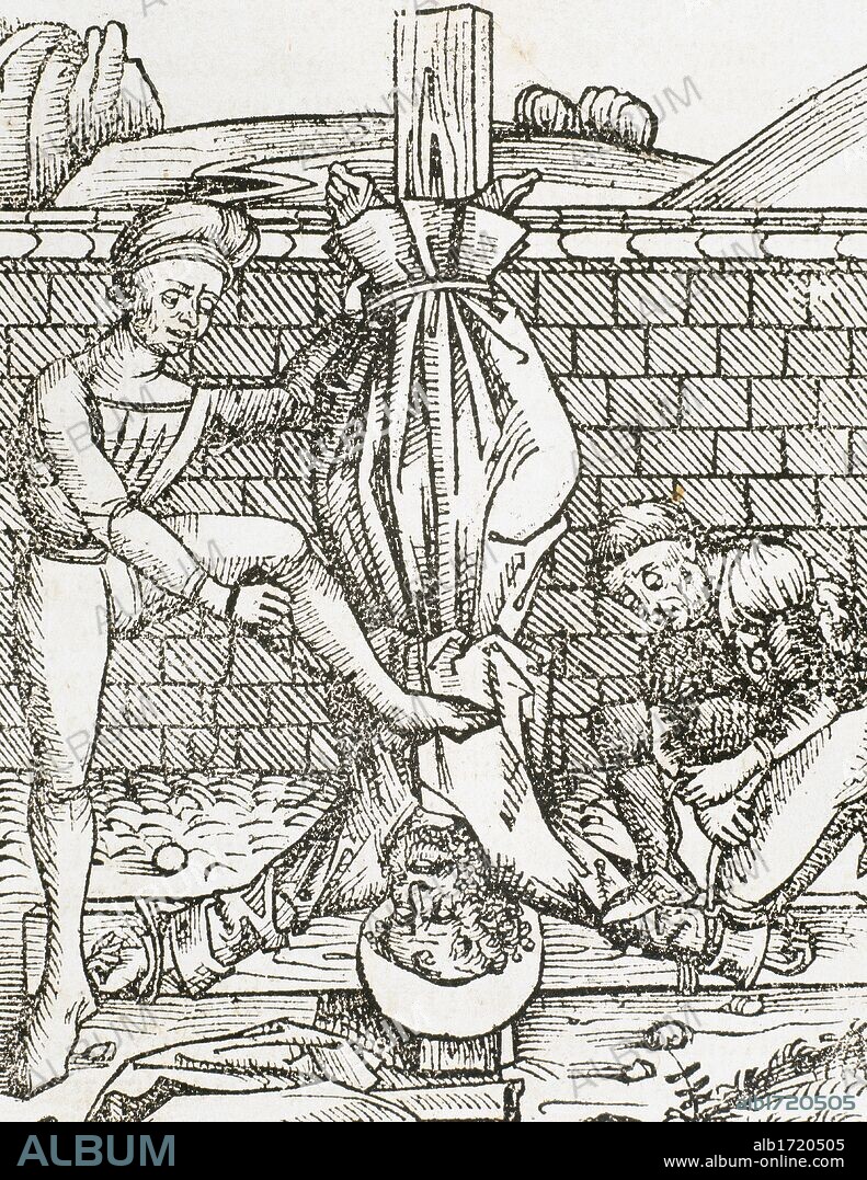 Grabado del siglo XVI que representa el MARTIRIO DE SAN PEDRO crucificado en una cruz invertida.