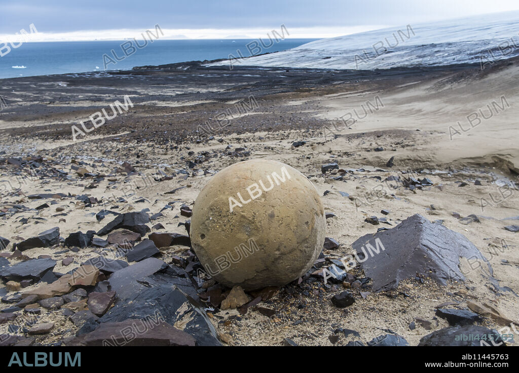 Giant stone sphere, Champ Island, Franz Josef Land archipelago, Arkhangelsk Oblast, Arctic, Russia, Europe.