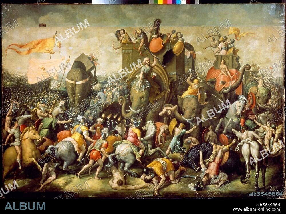 ANONYME. 2e guerre Punique 218-201 av. J.-C. Bataille de Zama (Afrique du Nord), 202 av. J.-C. (victoire de Scipion l'Africain). "La Bataille". (Bataille de Zama?). Peinture, école romaine, 1521. Huile sur toile, H. 1,44 ; L. 2,09. Moscou, Musée Pouchkine.