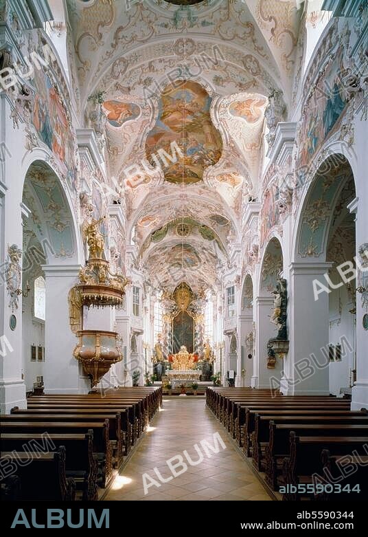 Reichenbach (Bayern), Kloster. (Benediktinerabtei; 1118 gegründet), Klosterkirche. (1742 Umgestaltung der roman. Basilika, Deckenfresken von Johann Gebhard (t). (gest. 1756) ). Innenansicht. Foto, 1983.