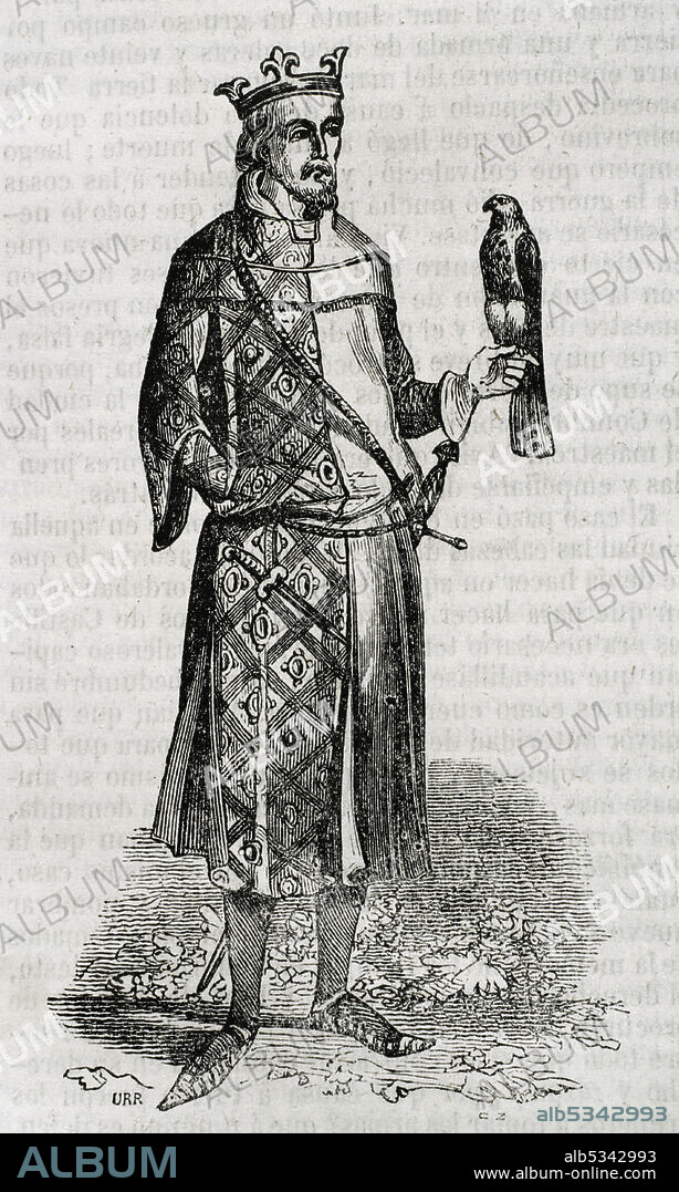 Juan I de Aragón, llamado el Cazador o el Amador de toda Gentileza (1350-1396). Rey de Aragón, Valencia, Mallorca, Cerdeña y Córcega, y conde de Barcelona, Rosellón y Cerdeña (1387-1396). Casa de Aragón. Grabado. Historia General de España por el padre Mariana. Madrid, 1852.
