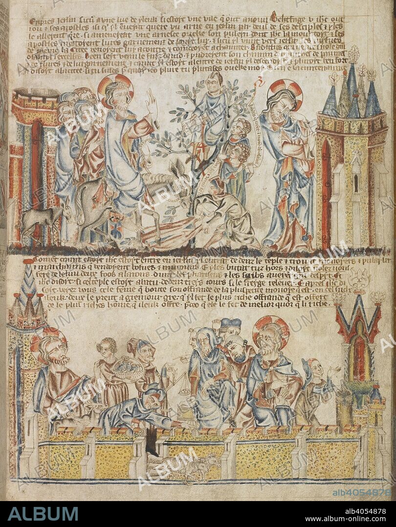 The entry into Jerusalem; Christ weeps over the state of city; he again casts out merchants and money-changers from the temple. Holkham Bible Picture Book. England, circa 1320-1330. Source: Add. 47682, f.26.
