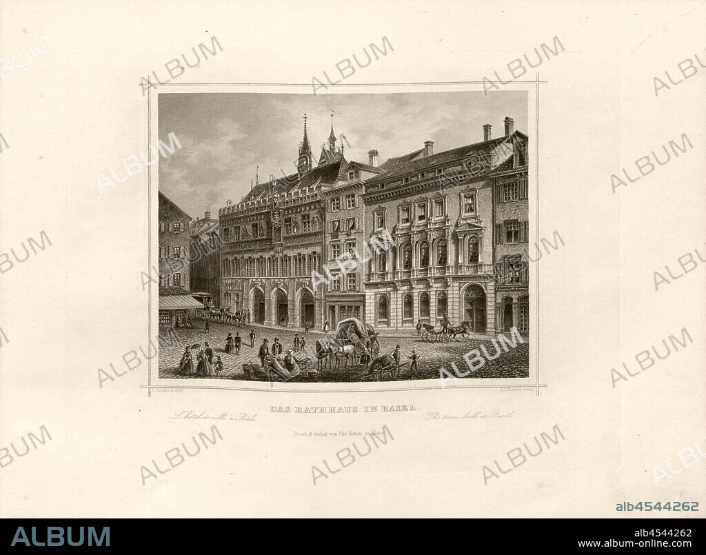 The city hall in Basel, Town Hall with marketplace, signed: L. Rohbock (del.), A.J. Terwen (sculp.), Taf. 2, p. 9, Rohbock, Ludwig (del.); Terwen, Adrianus Jacobus (sculp.), 1870, Ludwig Rohbock: Album der Nord- und Ostschweiz: 100 Stahlstiche aus den Cantonen Basel, Solothurn, Aargau, Zürich, Schaffhausen, Thurgau, St. Gallen, Appenzell, Glarus und Graubünden. Basel: Verlag von Chr. Krüsi, [ca. 1870].