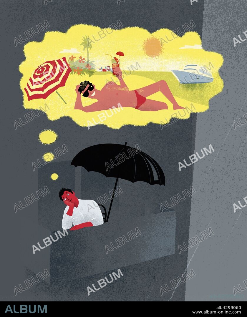 Man on gray balcony in rain imagining holiday on sunny tropical beach.