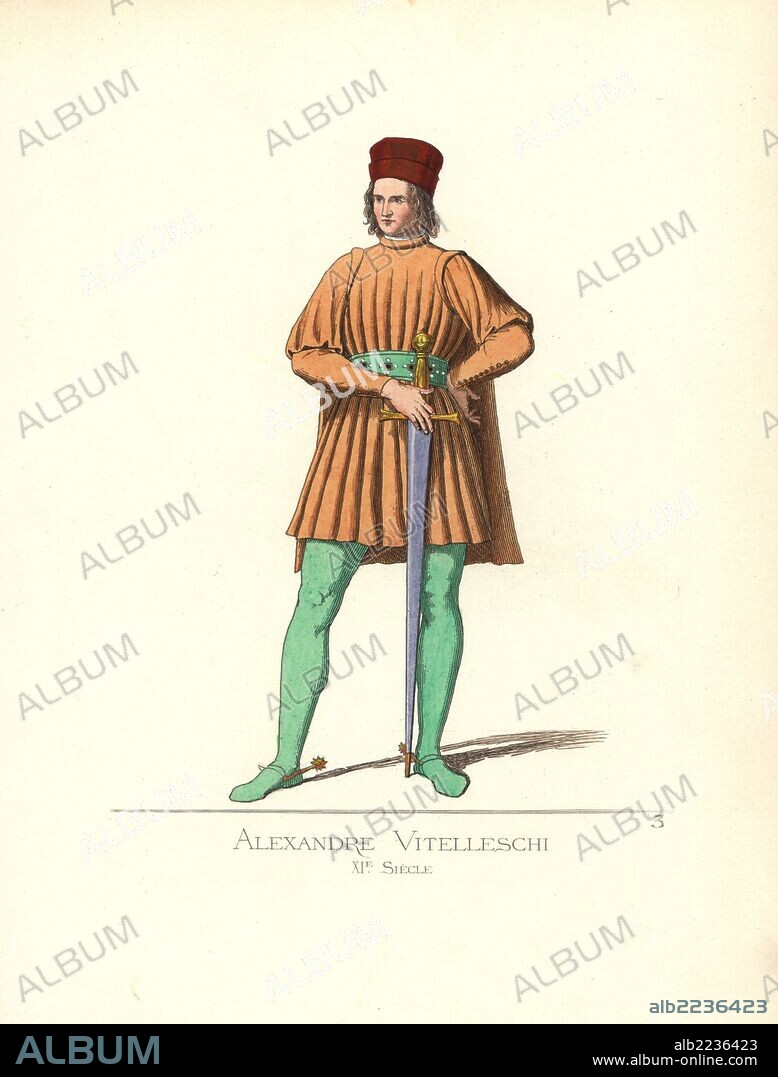 Alexandre Vitelleschi, imperial knight and count palatine, 11th century. Anachronistic costume of cape and tunic in burnt siena, red toque, lead-coloured stockings, gold spurs. From a 14th century sepulchral monument in Corneto. Handcoloured illustration drawn and lithographed by Paul Mercuri with text by Camille Bonnard from "Historical Costumes from the 12th to 15th Centuries," Levy Fils, Paris, 1860.