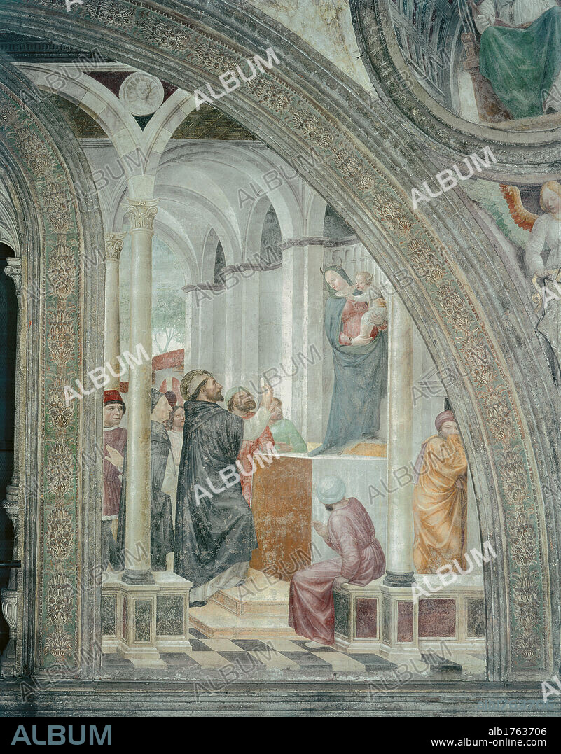 Stories of St Peter Martyr St Peter unveils the false Madonna, by Vincenzo Foppa, 1461-1468, 15th Century, fresco,. Italy, Lombardy, Milan, SantEustorgio Basilica, Portinari Chapel. Full view. St Peter Martyr falso Madonna onlookers architecture pavement columns arches black white yellow purple blue grey.