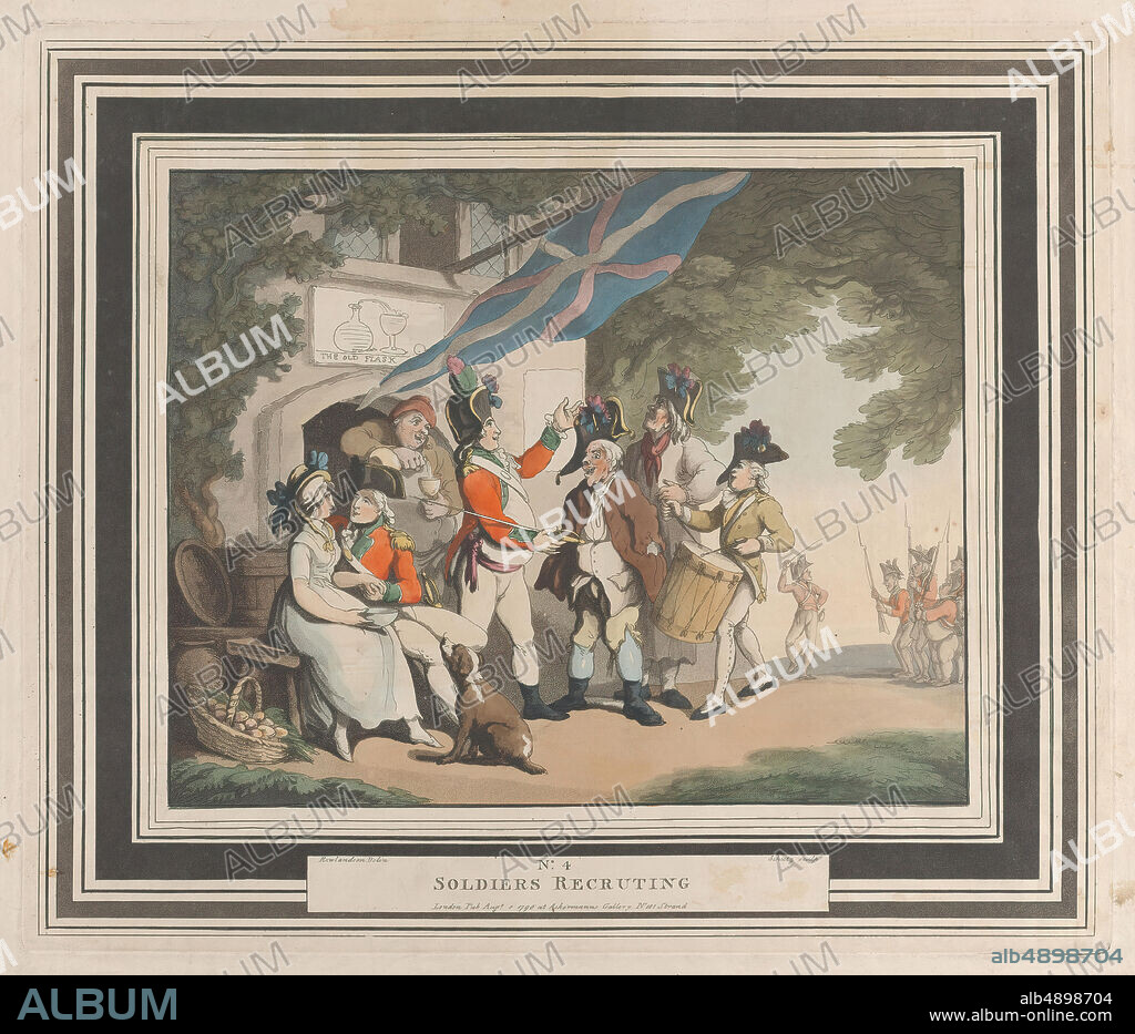 Heinrich Joseph Schütz, No. 4: Soldiers Recruiting, Heinrich Joseph Schütz (German, Frankfurt 17601822 Frankfurt), After Thomas Rowlandson (British, London 17571827 London), August 1, 1798, Hand-colored etching and aquatint, Plate: 13 3/4 × 16 1/8 in. (35 × 40.9 cm), Sheet: 14 5/8 in. × 17 in. (37.2 × 43.2 cm), Prints.