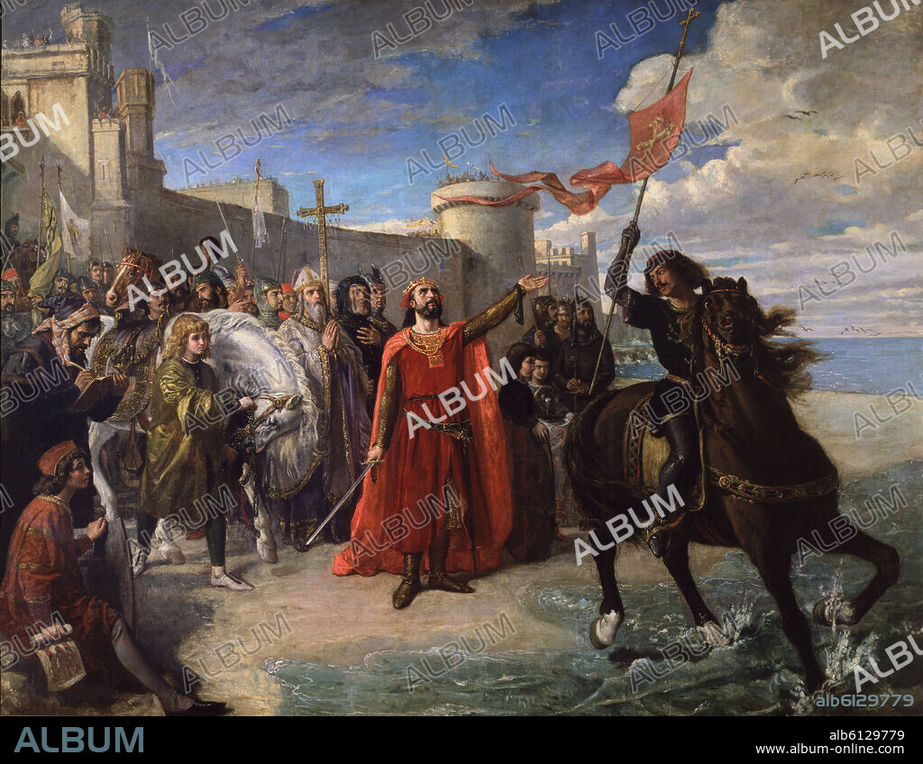 MATÍAS MORENO. ALFONSO X TOMANDO POSESION DEL MAR EN TARIFA DESPUES DE APODERARSE DE LA PLAZA DE CADIZ - 1866 - L 2,80 x 3,18 - Nº INV 25 - PINTURA HISTORICISTA.