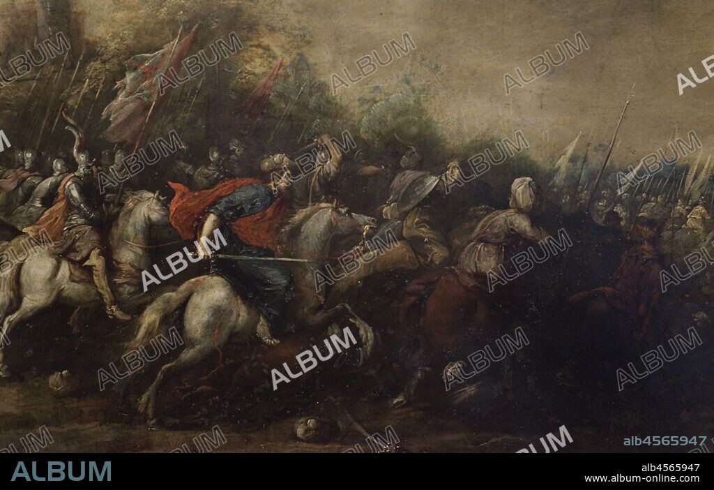 Battle of Clavijo (844). According to tradition, the king of Asturias Ramiro I, helping by the Apostle Saint James mounted on a white horse, defeated a Muslim army commanded by the Emir of Cordoba Abd-al-Rahman in Clavijo. Saint James in the Battle of Clavijo. Painting by Pedro Ruiz Cenzano (ca.1540-1598), late 16th century. Detail. Oil on copper. Museum of Pilgrimage and Santiago. Santiago de Compostela, Galicia, Spain.