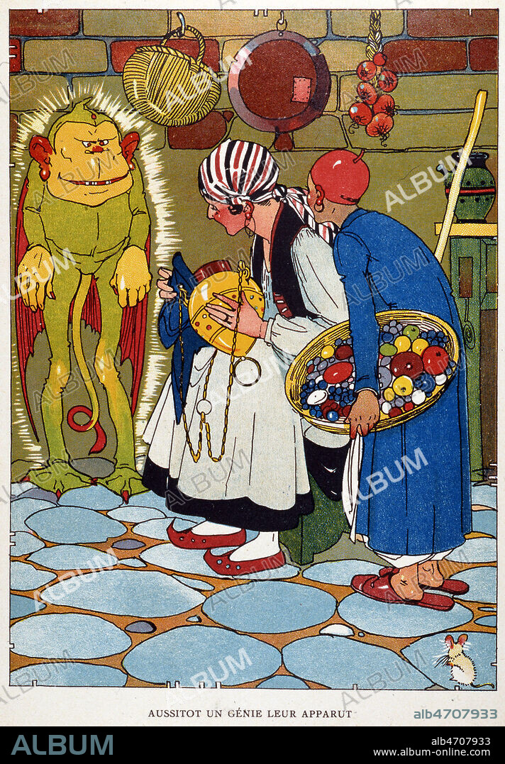 1000 et 1 nuits: Aladdin et la lampe merveilleuse, aladin et sa mere frottent la lampe et le genie apparait. Illustration annees 20 - 30. Credit Collection Kharbine Tapabor.
