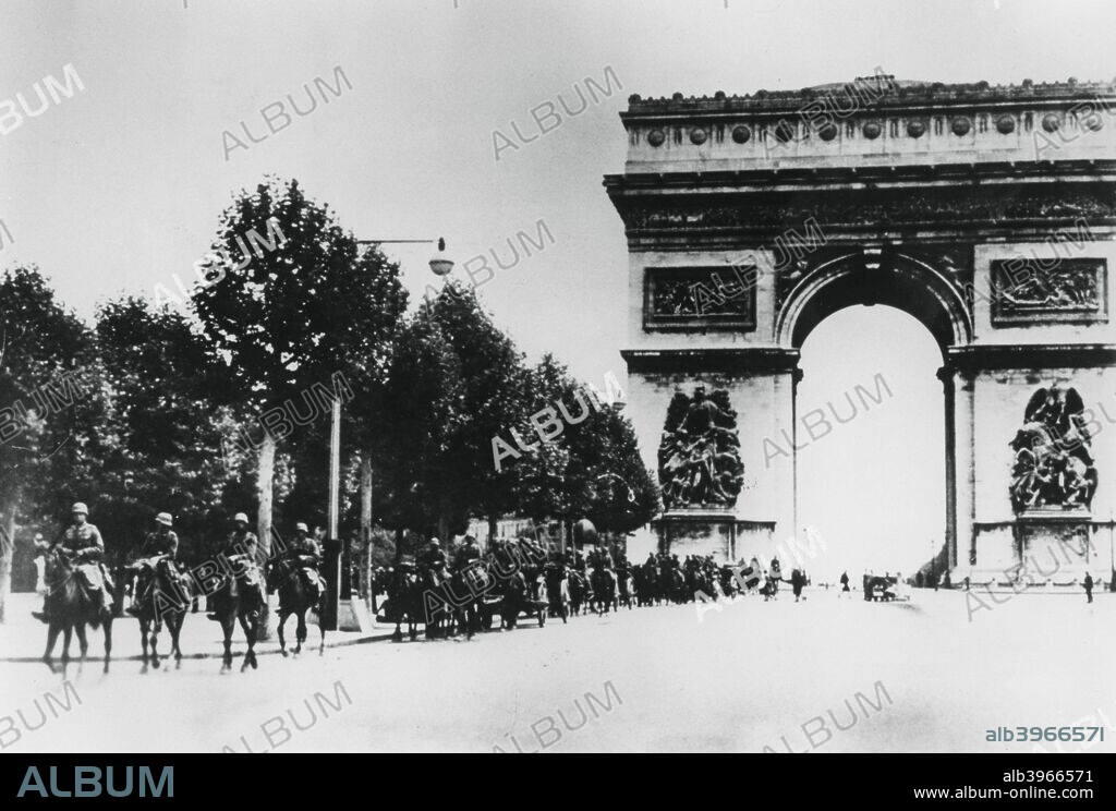 German soldiers marching through Paris, 14 June 1940. A column of German troops passing the Arc de Triomphe on the day that Paris fell to the Nazis.
