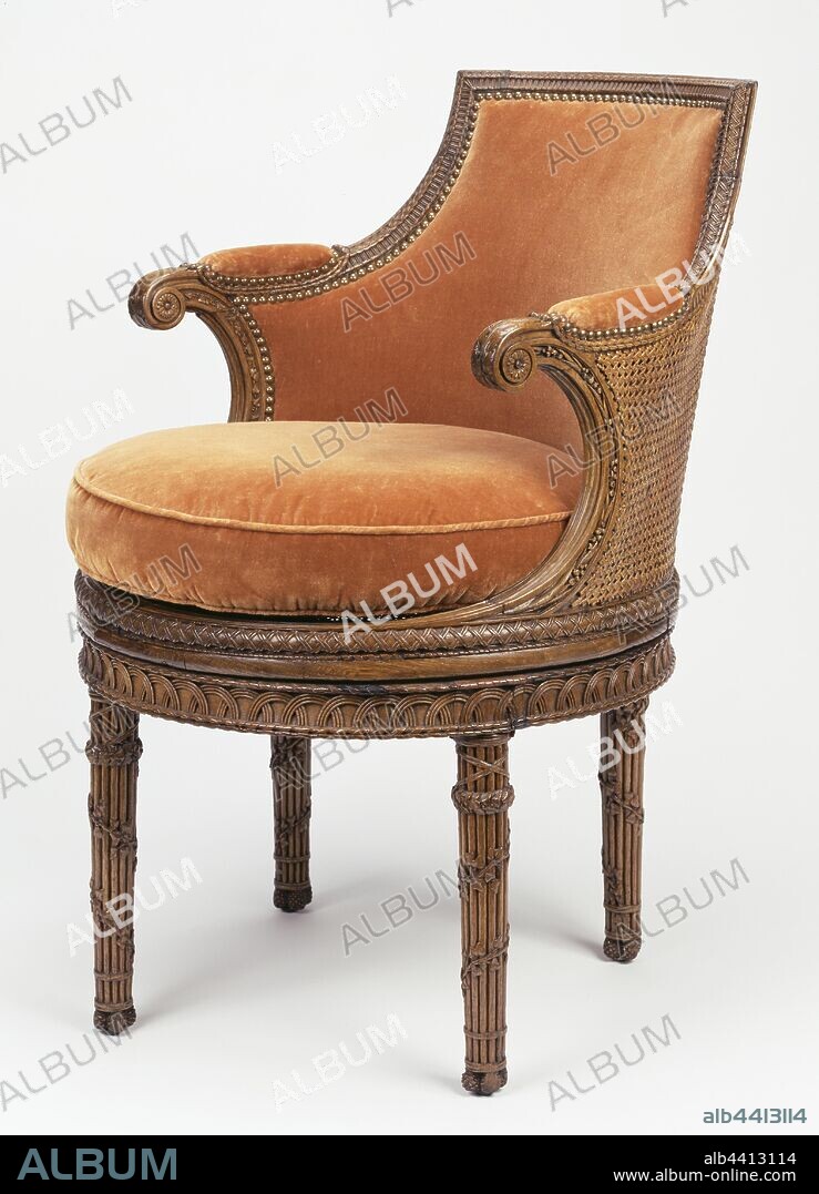 Chair, Georges Jacob (French, 1739 - 1814 (master 1765)), and Jean-Baptiste-Simon Rode (French, 1735 - 1799 (master 1766)), and originally painted by Chaillot, Fabric by Desfarges (French, 1739 - 1814 (master 1765)), Paris, France, about 1787, Carved beech, caning, modern silk velvet upholstery, 85.1 × 57.8 × 54.6 cm (33 1/2 × 22 3/4 × 21 1/2 in.).