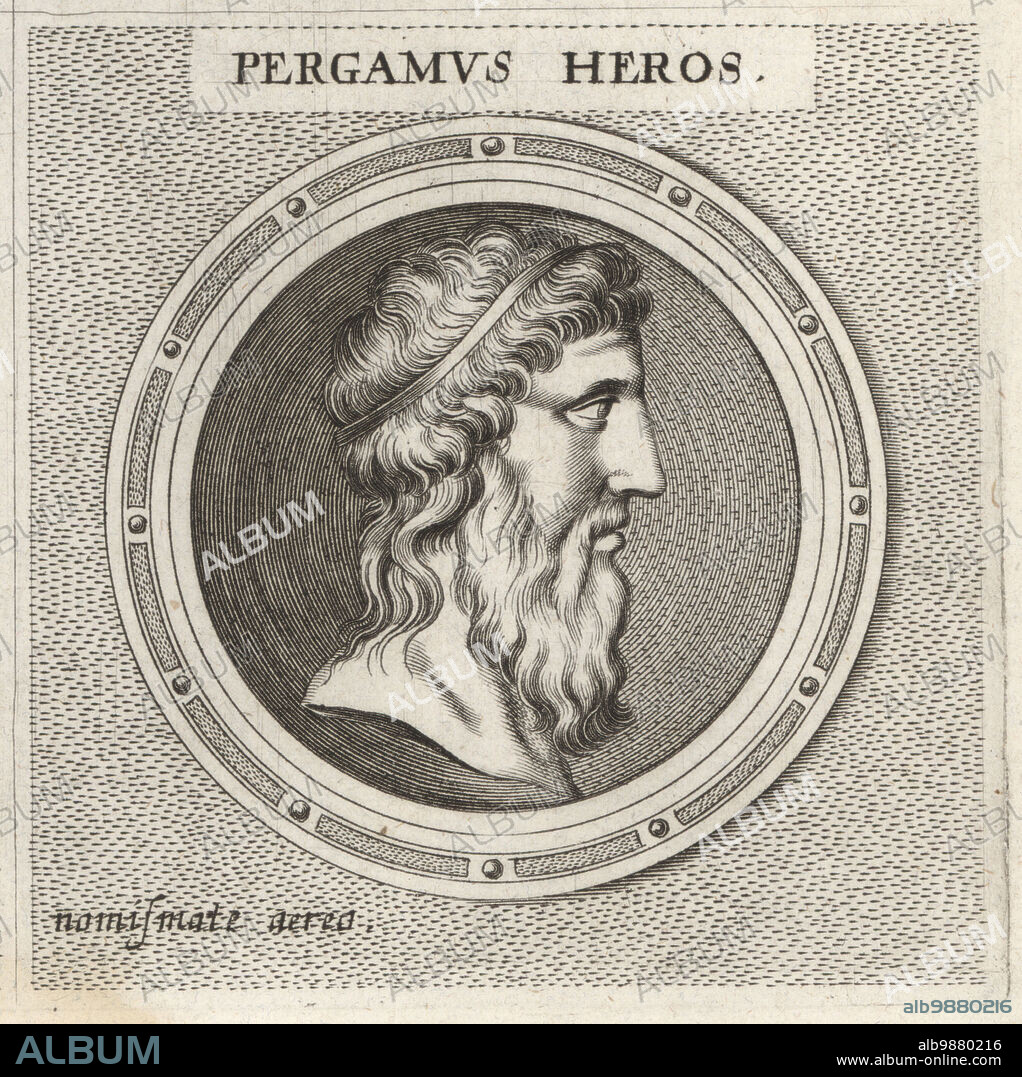 Pergamus, hero son of the warrior Neoptolemus and Andromache, wife of Hector. Founder of the town of Pergamum in Asia Minor in Greek mythology. Profile of a bearded man in diadem. Copperplate engraving after an illustration by Joachim von Sandrart from his LAcademia Todesca, della Architectura, Scultura & Pittura, oder Teutsche Academie, der Edlen Bau- Bild- und Mahlerey-Kunste, German Academy of Architecture, Sculpture and Painting, Jacob von Sandrart, Nuremberg, 1675.