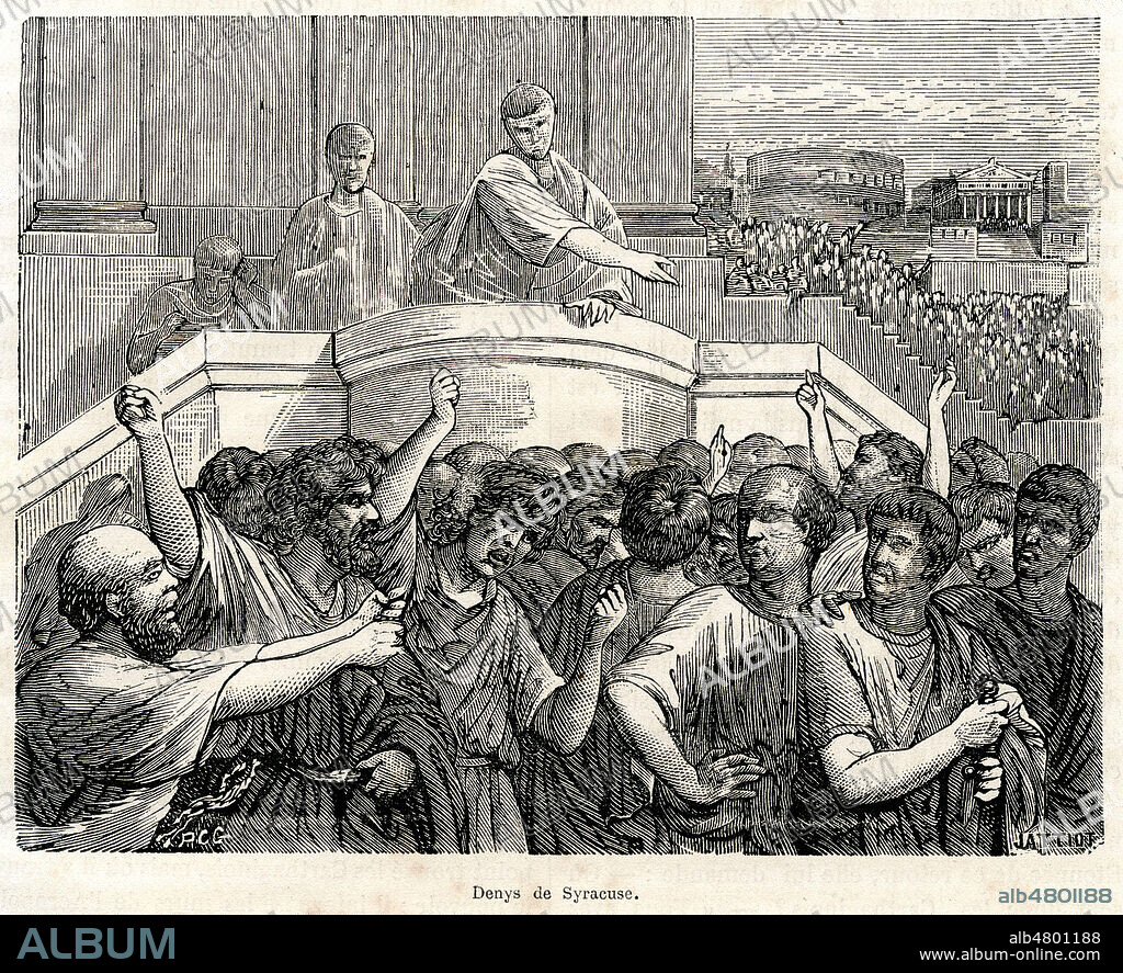 DENYS de Syracuse (-431 a -367) reclame la codamnation des generaux responsables de la chute d'Agrigente. Illustration de 1872 par Louis LION pour Histoire des Proletaires par Yves GUYOT (1843-1928) et Sigismond LACROIX (1845-1909). Credit : Collection Jonas/Kharbine-Tapabor.
