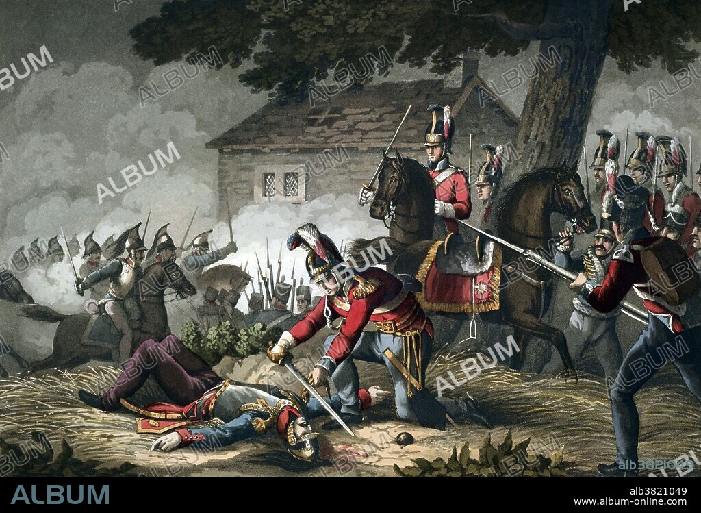The Horse Guards at the Battle of Waterloo. One of the officers having killed a French colonel, cuts off his epaulette in triumph. Image taken from Historic, military, and naval anecdotes of particular incidents which occurred to the armies of Great Britain and her allies in the last war, etc. The Battle of Waterloo was fought on June 18, 1815, near Waterloo in present-day Belgium. A French army under the command of Napoleon was defeated by two of the armies of the Seventh Coalition: an Anglo-allied army under the command of the Duke of Wellington, and a Prussian army under the command of Gebhard Leberecht von BlÃ¼cher. Waterloo was the decisive engagement of the Waterloo Campaign and Napoleon's last. Waterloo cost Wellington around 15,000 dead or wounded and BlÃ¼cher some 7,000. Napoleon's losses were 24,000 to 26,000 killed or wounded and included 6,000 to 7,000 captured with an additional 15,000 deserting subsequent to the battle and over the following days. The defeat at Waterloo ended Napoleon's rule as Emperor of the French, and marked the end of his Hundred Days return from exile. He abdicated 4 days later, and on July 7 coalition forces entered Paris. Illustrated by William Heath and M. Dubourg, 1819.