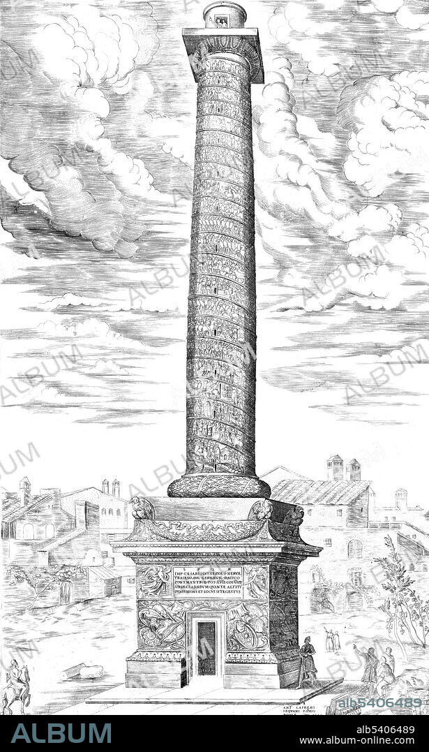 Trajan's Column is a Roman triumphal column in Rome, Italy, that commemorates Roman emperor Trajan's victory in the Dacian Wars. It is located in Trajan's Forum, built near the Quirinal Hill, north of the Roman Forum. Completed in 113 AD, the freestanding column is most famous for its spiral bas relief, which artistically describes the epic wars between the Romans and Dacians (101-102 and 105-106). Its design has inspired numerous victory columns, both ancient and modern. The structure is about 98 feet in height, 125 feet including its large pedestal. The shaft is made from a series of 20 colossal Carrara marble drums, each weighing about 32 tons, with a diameter of 11 feet. The 625 foot frieze winds around the shaft 23 times. Inside the shaft, a spiral staircase of 185 steps provides access to a viewing platform at the top.  Ancient coins indicate preliminary plans to top the column with a statue of a bird, probably an eagle, but after construction, a statue of Trajan was put in place; this statue disappeared in the Middle Ages. On December 4, 1587, the top was crowned by Pope Sixtus V with a bronze figure of St. Peter, which remains to this day. Engraving (cropped and converted to bw) no artist credited, 1544.