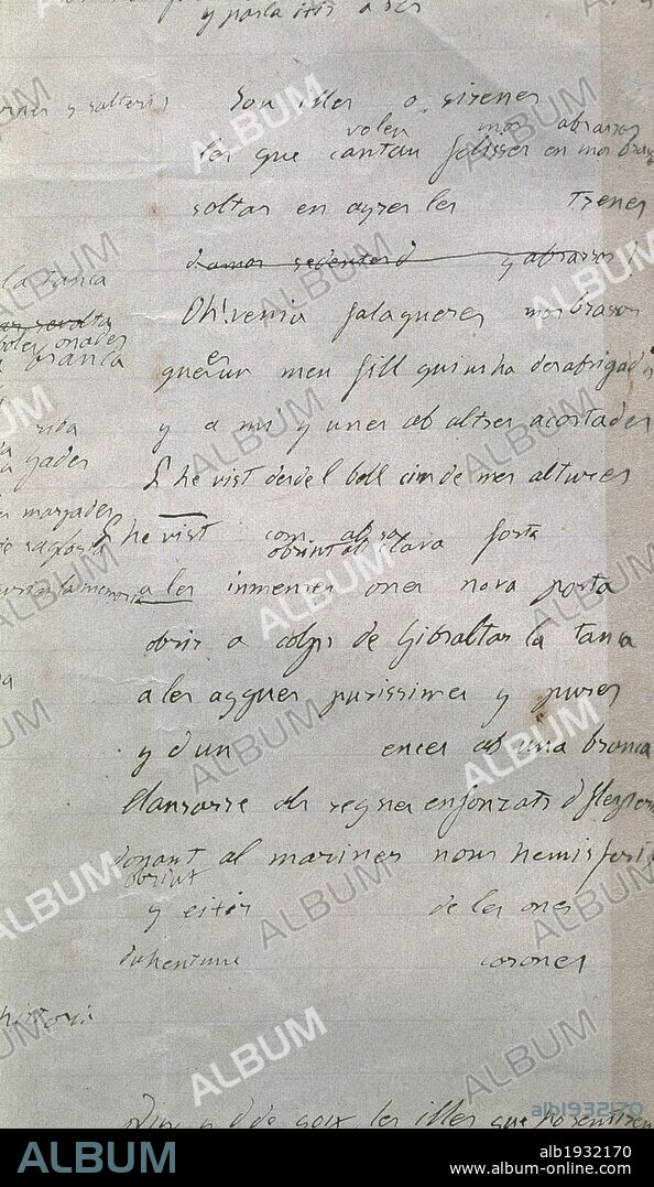 LITERATURA CATALANA. Siglo XIX. VERDAGUER, Jacinto (1845-1902). Poeta y eclesiástico. "L'ATLANTIDA"- (Juegos Florales de 1877). Manuscrito autógrafo. Folio 62, con diversos cantos del poema "... so illes o serenes les que volen cantar felisses en mos abrasos... ". Biblioteca de Cataluña. Barcelona.