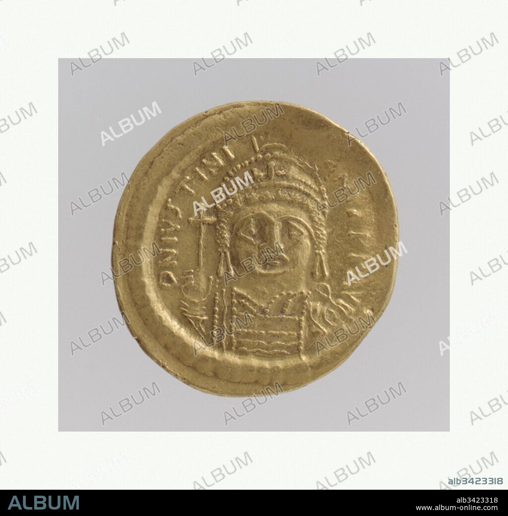 Gold Solidus of Justinian I (527–65), 538–565, Made in Constantinople, Byzantine, Gold, Overall: 3/4 x 1/16 in. (1.9 x 0.1 cm), Coins, Justinian in 539 was the first Byzantine emperor to adopt a completely frontal portrait, the imperial standard pose for the rest of Byzantine history. Coins connected an emperor to his subjects.