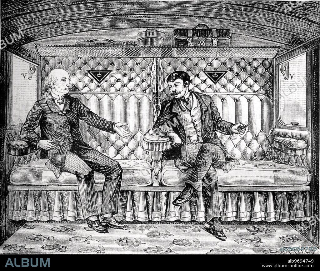 La Compagnie internationale des Wagons - lits. Interior of a railway carriage with gentlemen passengers .