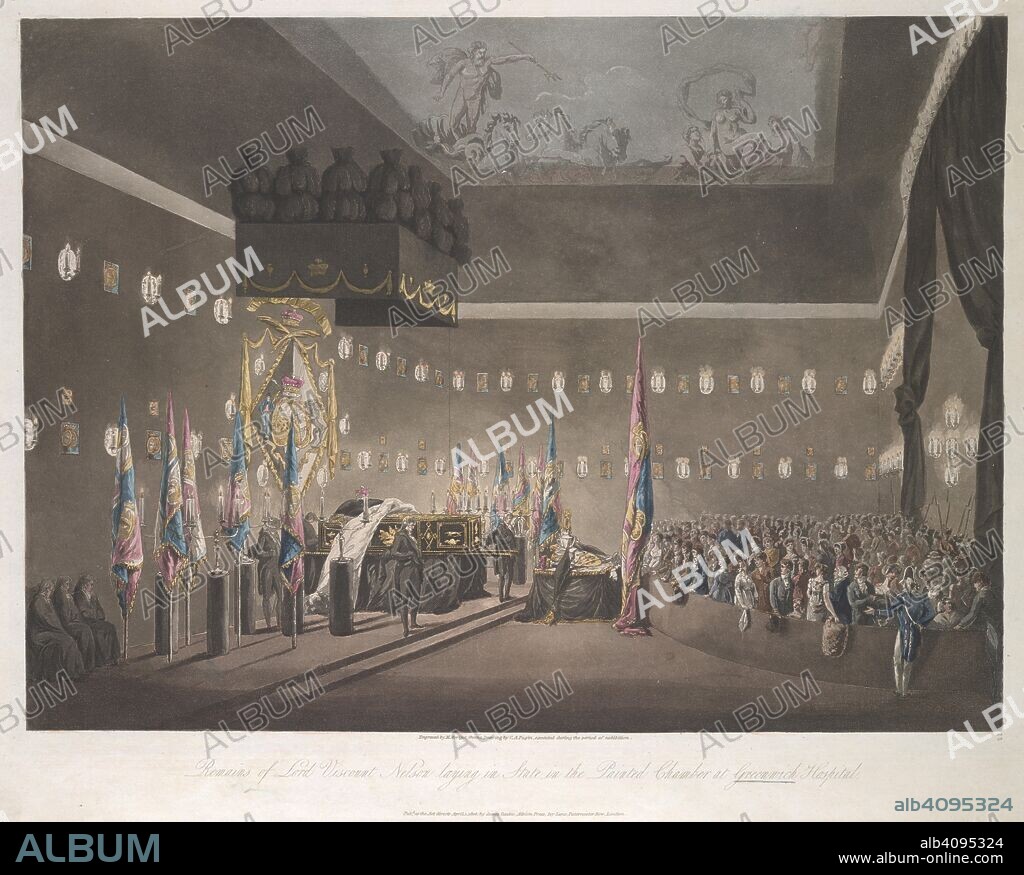 MERIGOT. The coffin of Viscount Nelson inside the Painted Chamber at Greenwich Hospital on the left-hand side; figures dressed in black nearby; flags throughout the scene; a crowd of people mourning behind a low wall to the right. Remains of Lord Viscount Nelson laying in state in the Painted Chamber at Greenwich Hospital. [London] : Published as the Act directs April 1 1806 by James Cundee, Albion Press, Ivy Lane, Paternoster Row., [April 1 1806]. Aquatint and etching with hand-colouring. Source: Maps K.Top.17.1-3.p.2. Language: English.