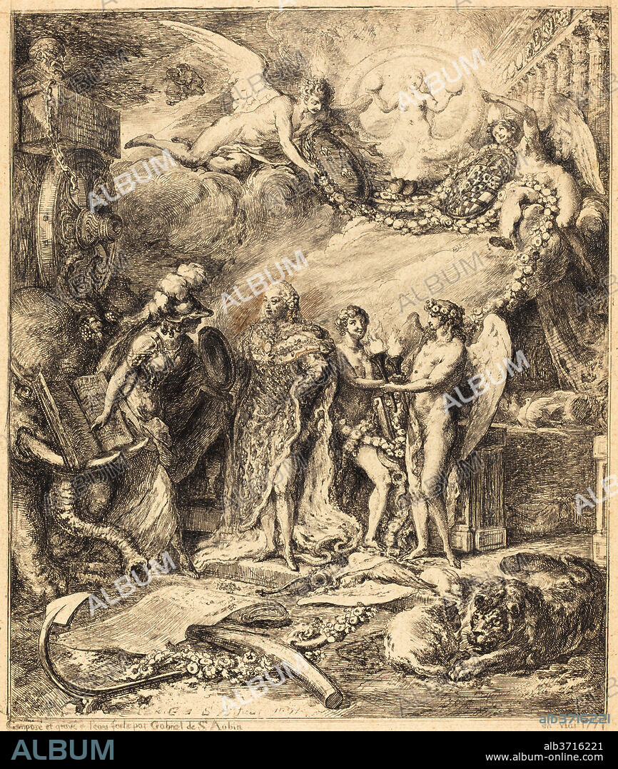 GABRIEL JACQUES DE SAINT-AUBIN. Allegorie sur la mariage du Comte de Provence. Dated: 1771. Medium: etching, reworked with pencil and brown and black ink.