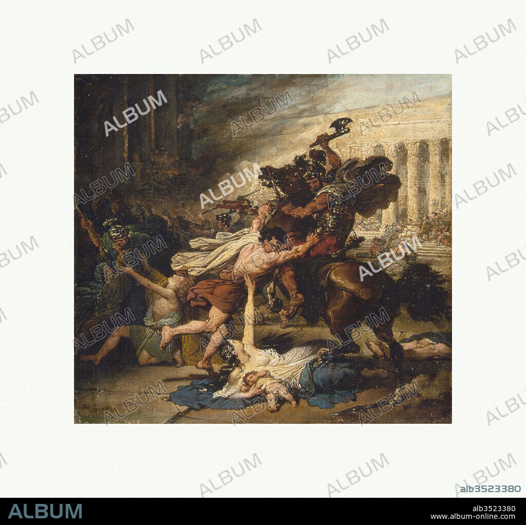 The Sack of Jerusalem by the Romans, 1824, Oil on canvas, 14 x 15 in. (35.6 x 38.1 cm), Paintings, François Joseph Heim (French, Belfort 1787–1865 Paris), Heim, the pre-eminent official painter of the Bourbon Restoration, is one of the least known painters to have achieved fame and success in France in the 1820s. His oil sketches have always been prized by connoisseurs, and this one is especially vigorous.