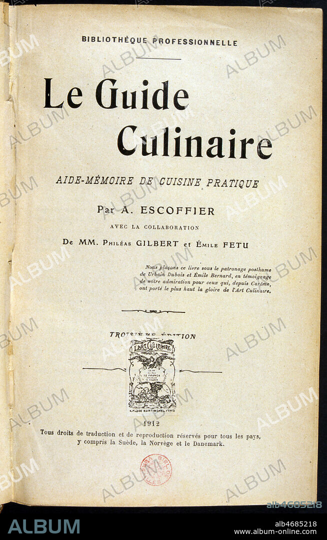 Page de titre de l'ouvrage d'ESCOFFIER (1846-1935) 'Le guide culinaire', edition de 1912 (20e, 20eme, XXe s.) Credit : JEAN VIGNE / KHARBINE-TAPABOR.
